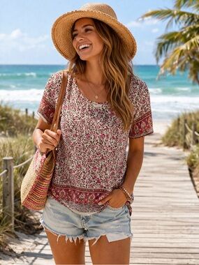 NEW Lucky Brand Cream and Pink Floral Short Sleeve Scoop Neck Top